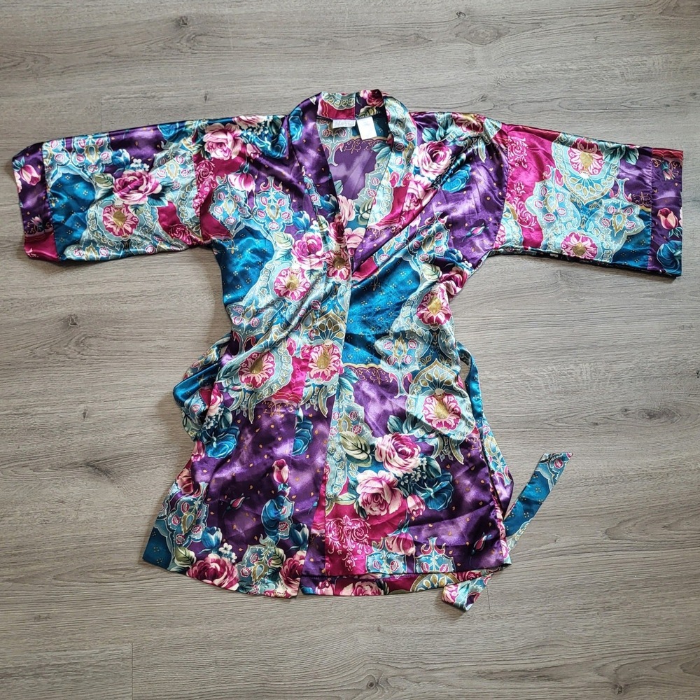 Adonna Vintage Floral Rose Paisley Satin Robe Jewel Tone Purple Teal 80s Small